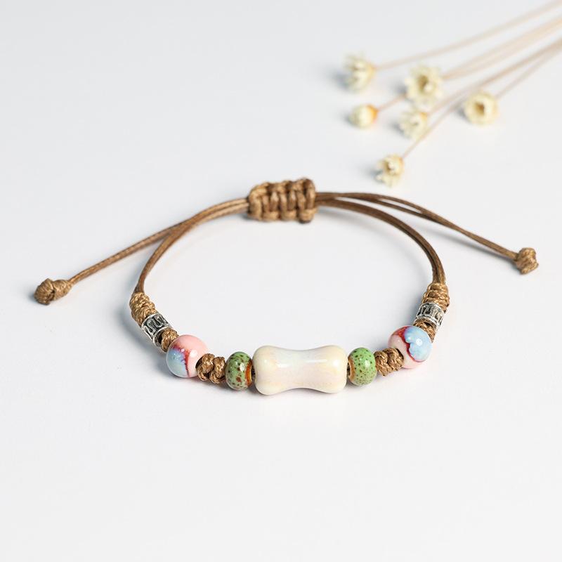 Kaseakia Handmade Vintage Ceramic Stone Beads Wax Cord Adjustable Beaded Bracelets Bohemian Boho Jewelry for Women
