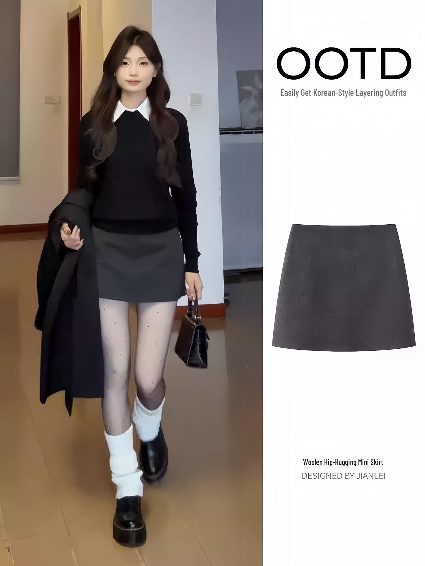 Black Wool A-Line Plaid Mini Skirt - Winter 2026 Collection for Women S (80-90 jin)