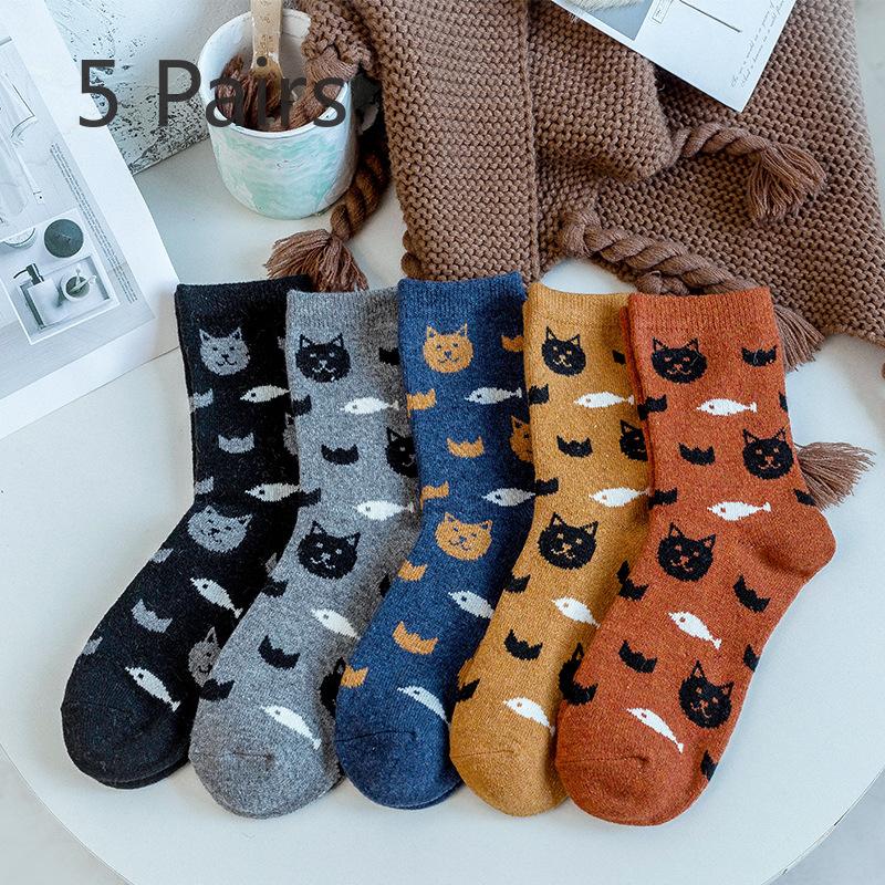 5 Pairs of Women's Winter Thickened Warm Retro Wool Mid Tube Socks