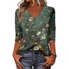 Women V Neck Floral Print Top with Three Quarter Sleeves Loose Fit Blouse Lightweight Casual Shirt for Daily Wear