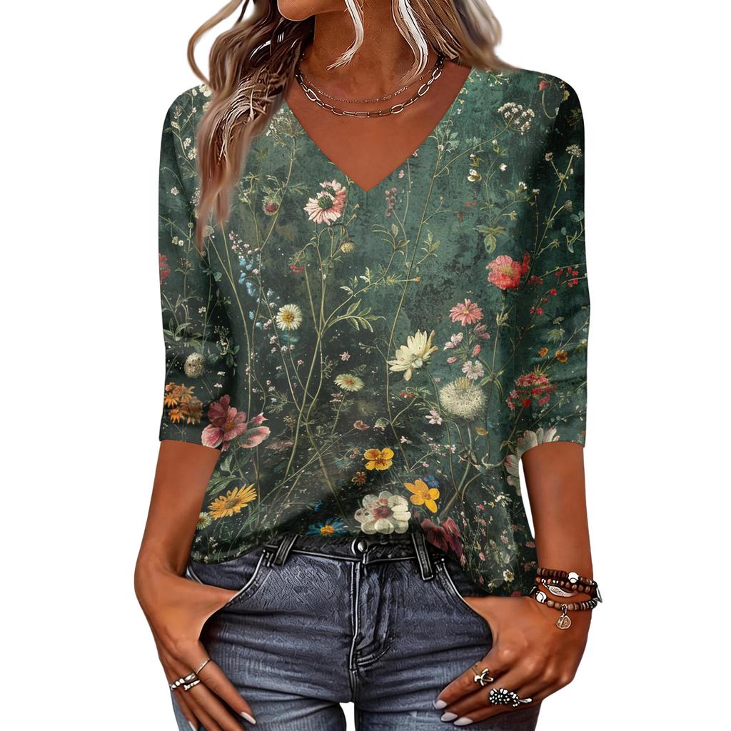 Women V Neck Floral Print Top with Three Quarter Sleeves Loose Fit Blouse Lightweight Casual Shirt for Daily Wear