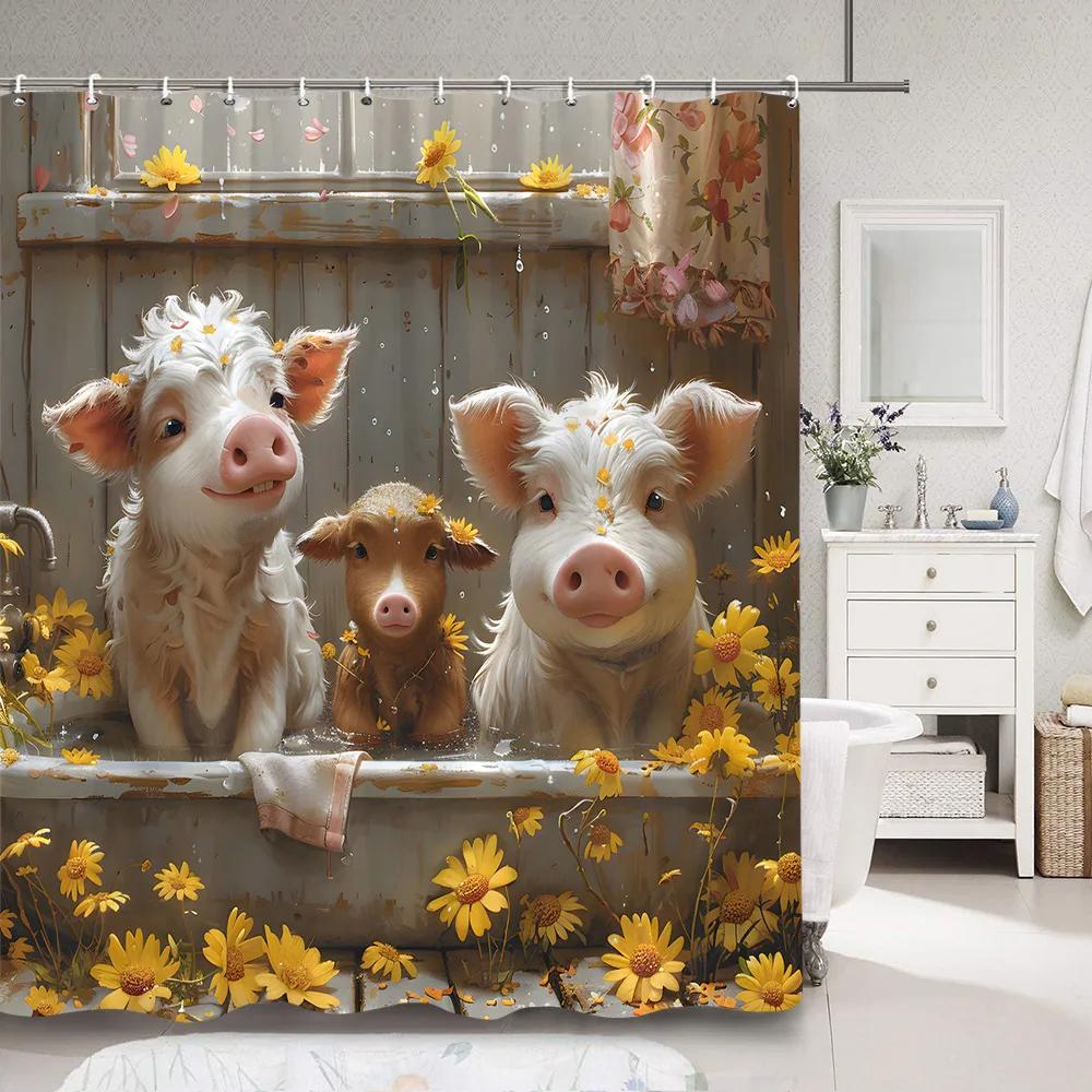 Cute Pig In Bathtub Bath Curtain for Kids Funny Cartoon Animals Rustic Wooden Plank Polyester Fabric Bath Curtain Bathroom Decor