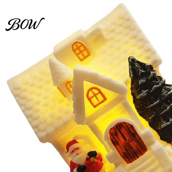 Snowy Cottage Figurine LED Lighted Christmas Village House Statue, Light Up Small Figurines with Santa Claus Relief Statue Xmas Tree Claus,