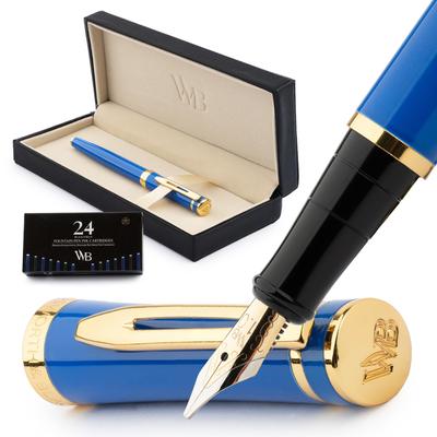 Wordsworth Black Fountain Pen 18K Gold Plated Broad 24 Pack Ink Ink Refill Converter Gift Gold Perfect for Men and Women & Set, Nib, Cartridges, &