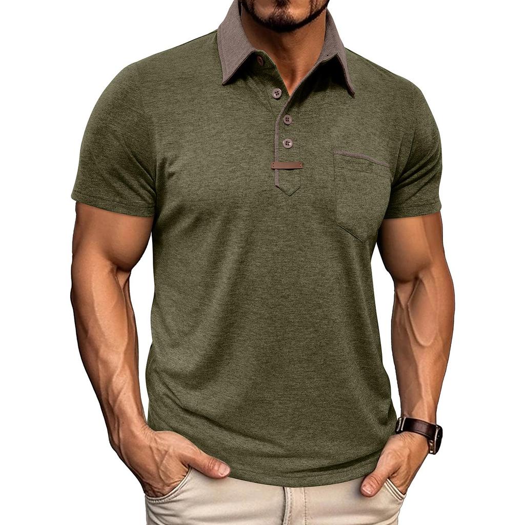 Men’s Short Sleeves T-shirts Lapel Collar Color Block Polo Shirts Chest Pocket Summer Tops Casual Wear