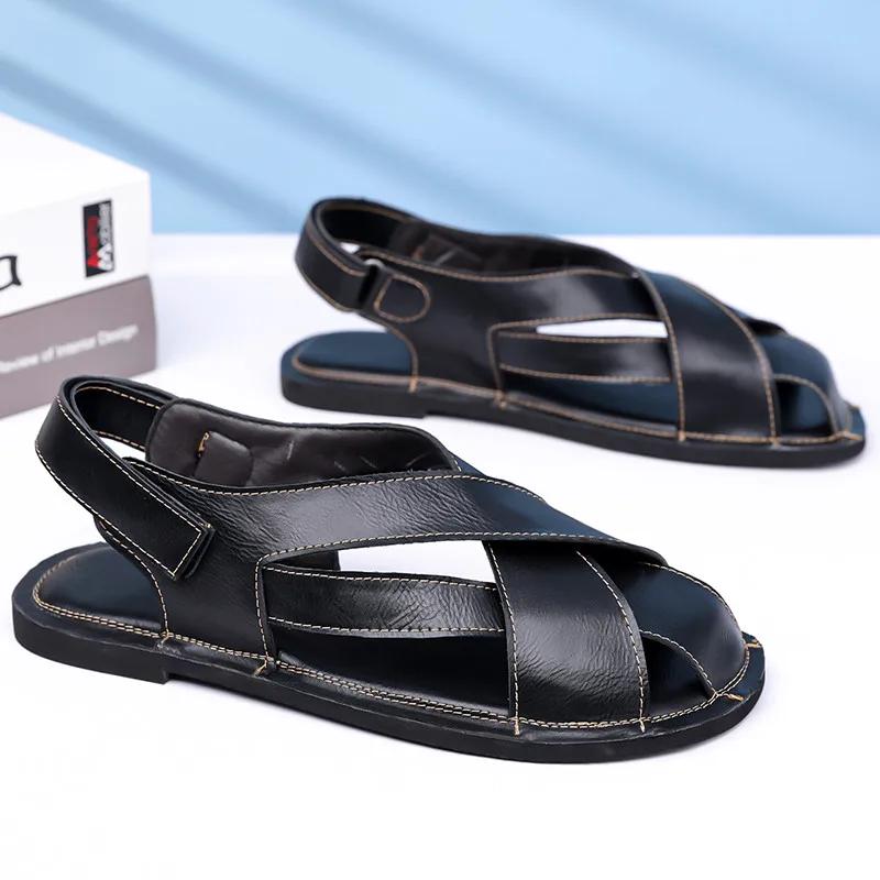 Large Size 48 Leather Sandals Men Classic Black Men's Roman Sandals Comfortable Flat  Summer Sandals for Men Sandalias De Hombre