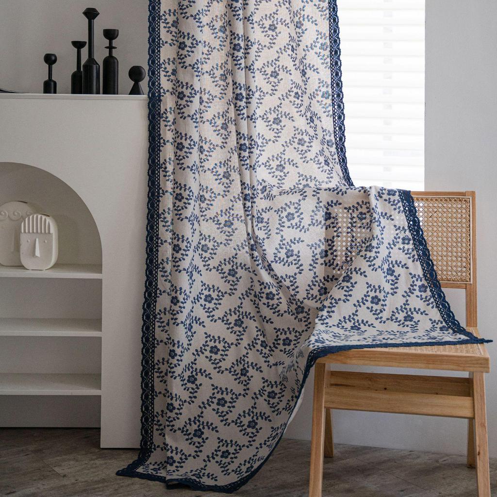 Yimanqiyun Blue Plum Blossom Print Semi-Blackout Kitchen Curtain