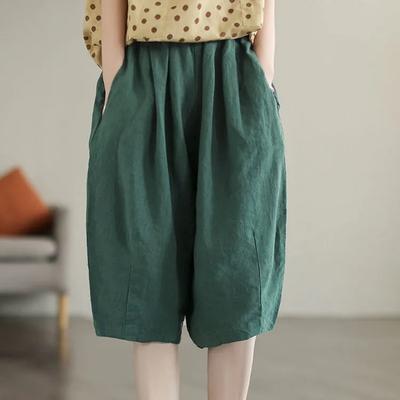 Literary Retro Cotton and Linen Solid Color Simple Casual Pants Women's Summer Elastic Waist Large Size Five-point Pants