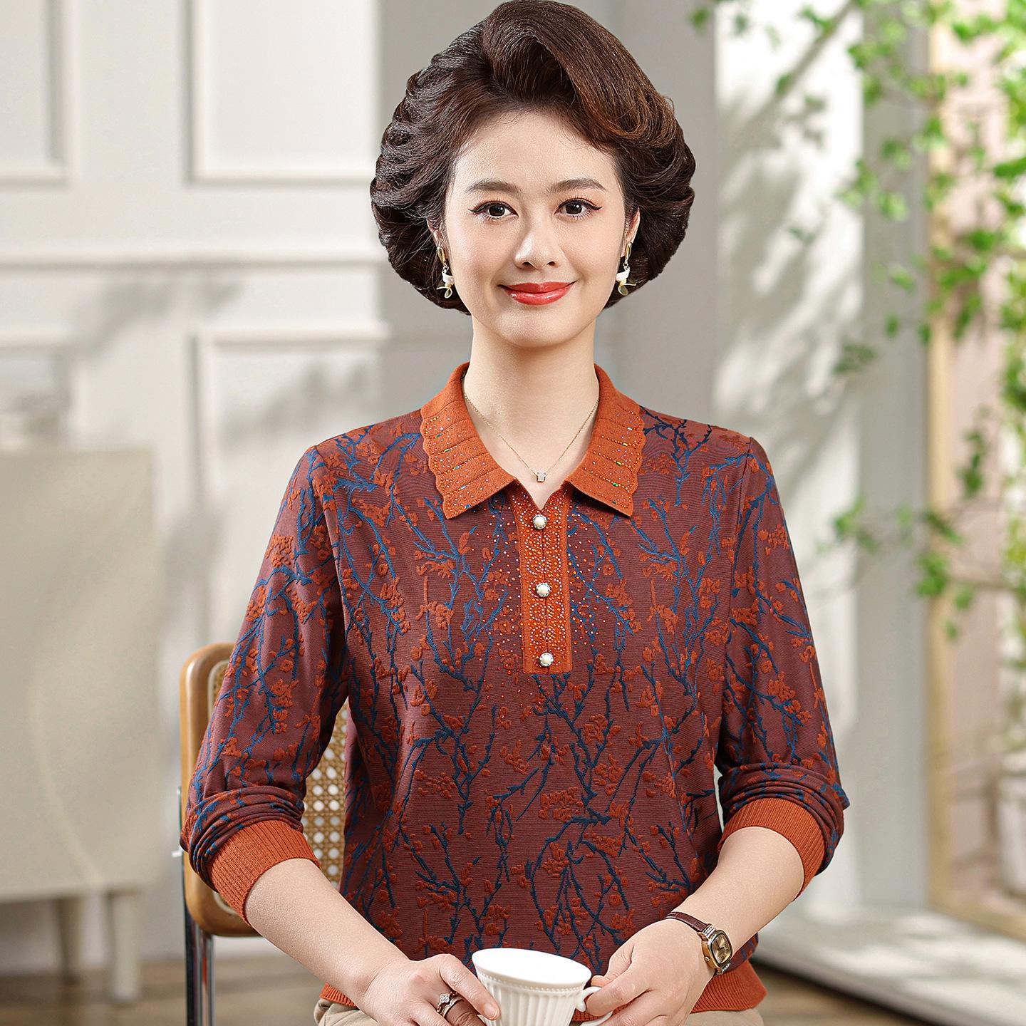 

2026 Elegant Jacquard Lapel Long Sleeve T-shirt for Mothers - Spring/Autumn Fashion Pullover XL (45-52.5 kg)