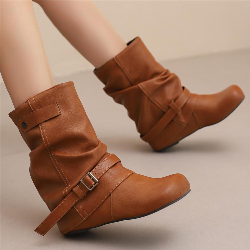 Fashion Western Cowgirl Boots Fashion New Comfortable Internal Height Women's Boots Trendy Versatile Slip On Buckle Women Short Boots