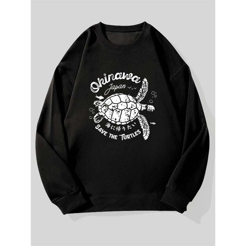 Men's Sea Turtle & Japan Map Print Sweatshirt - Save The Turtles Casual Crewneck SweaterPullover, Pullover Men,  Sweat Shirt, Mens Outfi