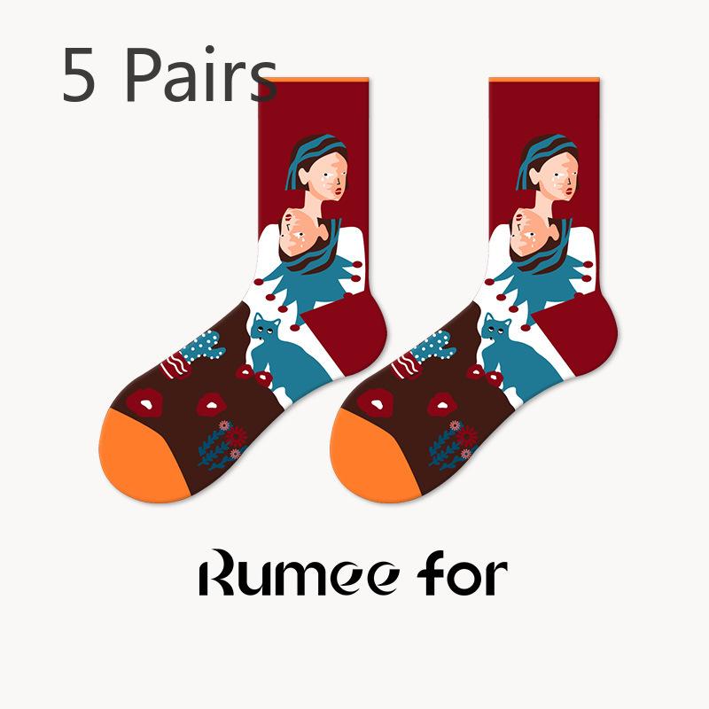 5 Pairs of Women Retro Personality Skateboards Wearing Mid Tube Socks