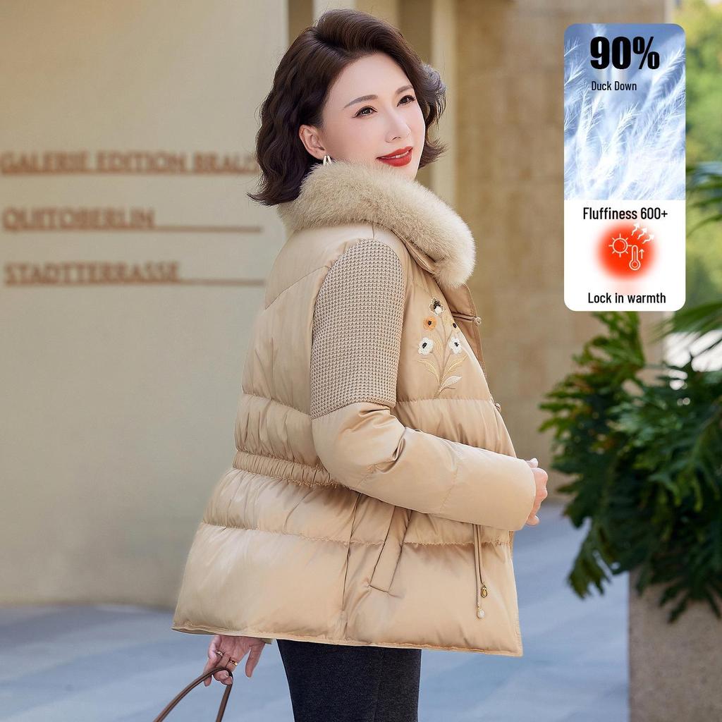 Mom's Winter Fashionable Embroidered Down Jacket with Wool Collar for Middle-Aged and Elderly Women