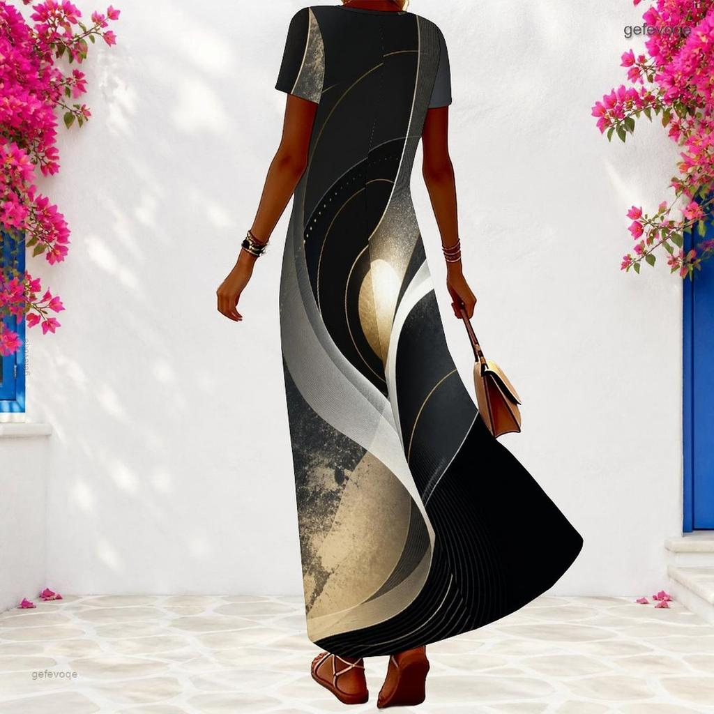 Women Plus Size V Neck Short Sleeve Colorful Printed Long Maxi Dress