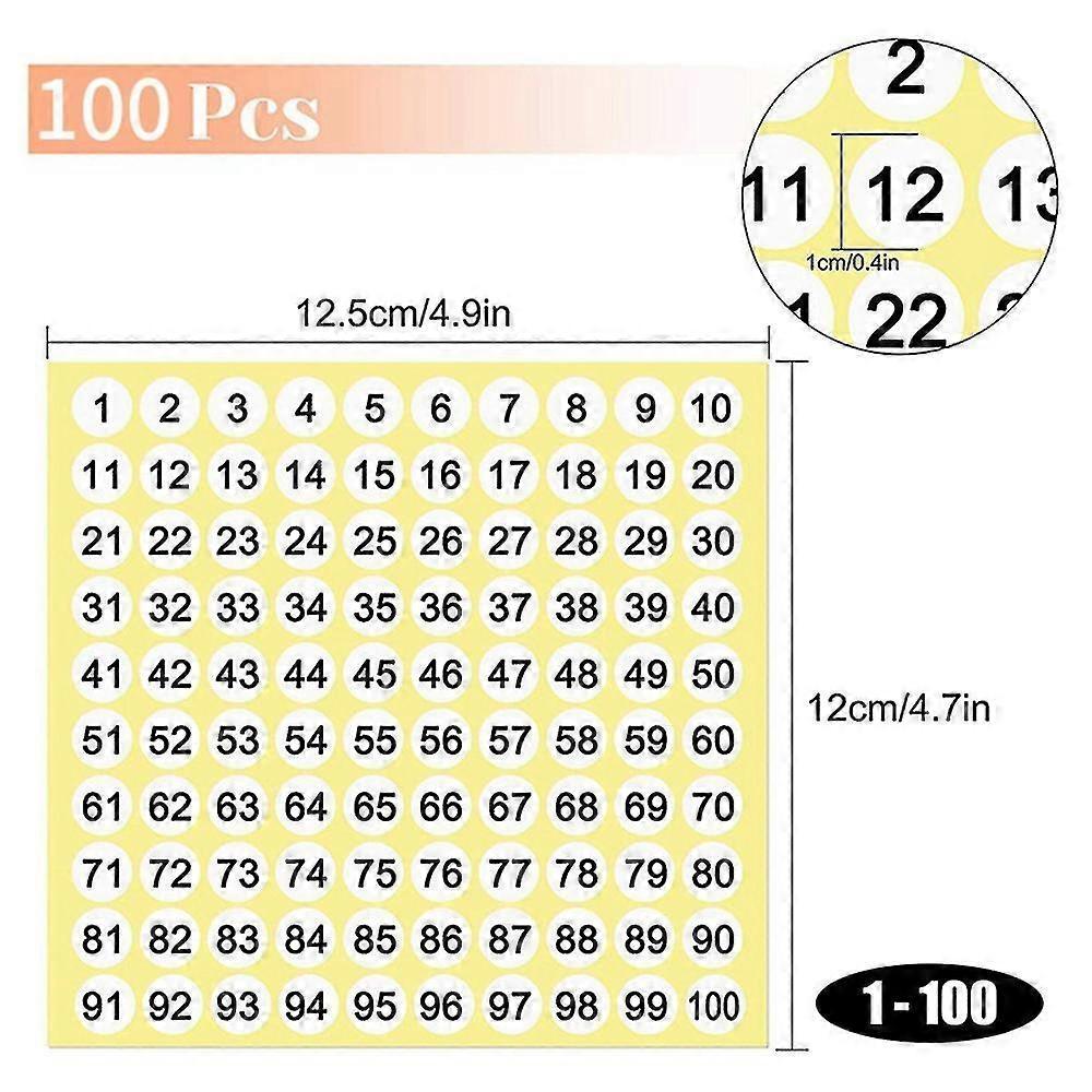 100 Sheets Number Labels Stickers 1-100 Numbers Round Stickers