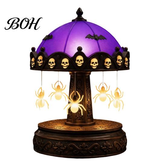 Vintage Bronze Style Lamp Halloween Ghost Carousel Lights, Gothic Stained Glass Night Light with Retro Copper Study Room Base, USB Rechargeable