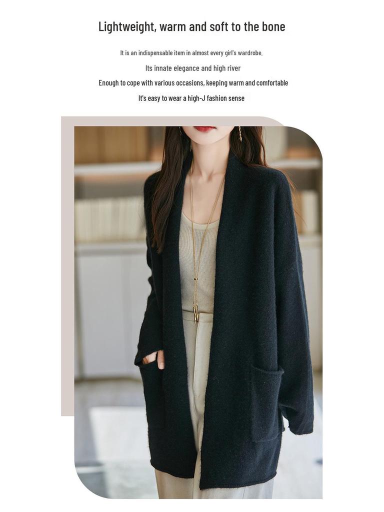 French Retro Mid-Length Cashmere Cardigan - Loose, Comfortable & Versatile Sweater Coat