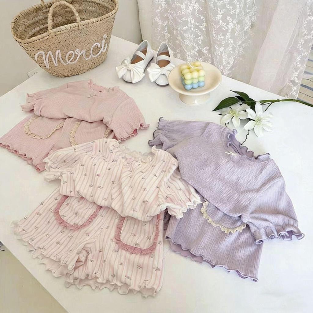 Summer 2026 New Arrival: Baby Girl Lace Pajama Set - Solid Color, Sweet Home Wear
