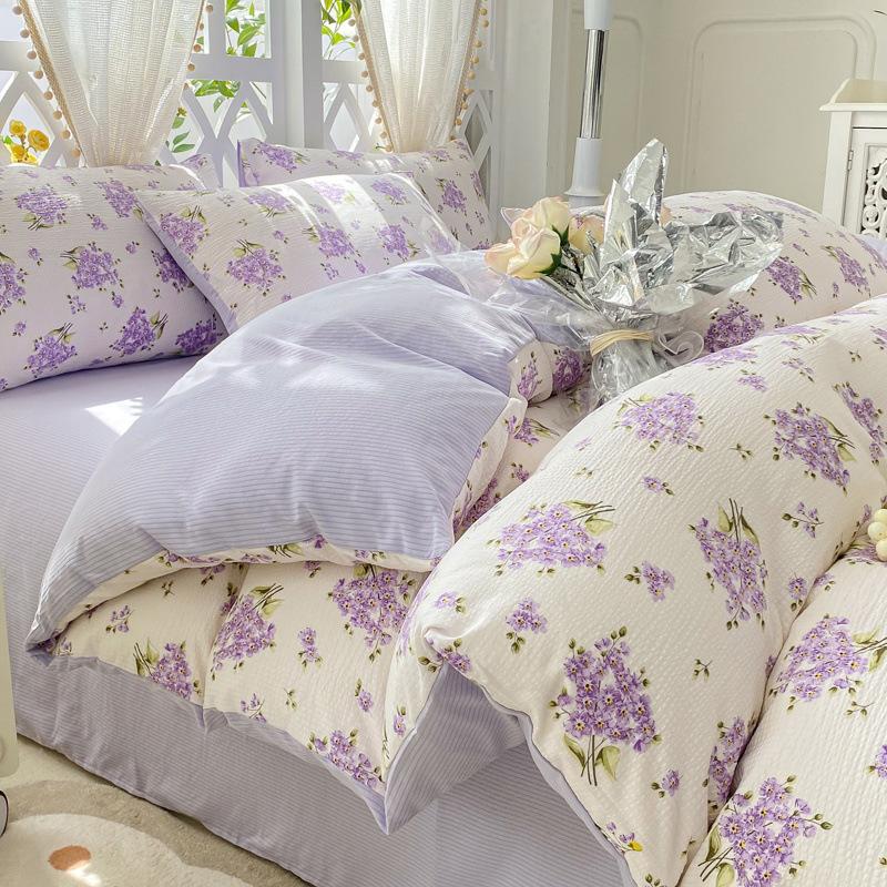 Class A Maternal Infant Grade Small Fresh Super Soft Bubble Cotton 4-Pcs Set Washed Cotton Quilt Cover Dormitory 3-Pcs Set Bed Hat