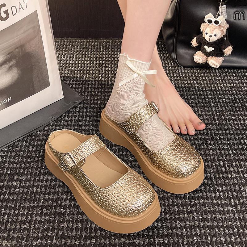 Dámské mokasíny na platformě muffin 2025 nové jarní a letní exploze retro tkaná taška hlava poloviční pantofle malé sandály