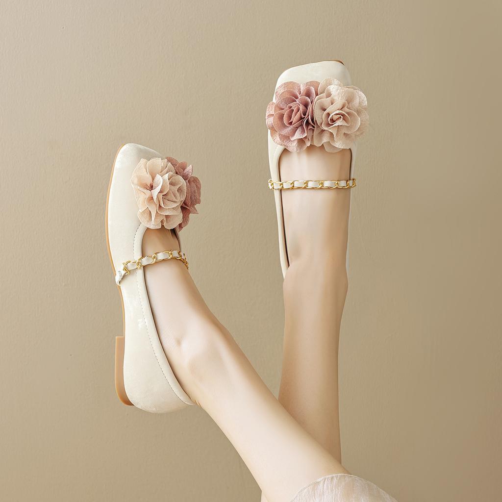 Ballet shoes new square head single shoes women's flat bottom shallow mouth word with flowers grandma shoes women's tide
