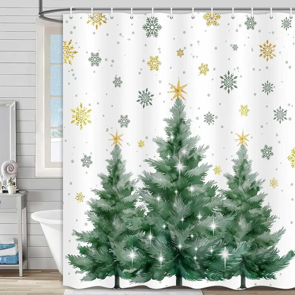 Christmas Tree Shower Curtain Green Trees Snowflake Decorative Bath Curtain Xmas Holiday Waterproof Fabric Bathroom Curtain Se