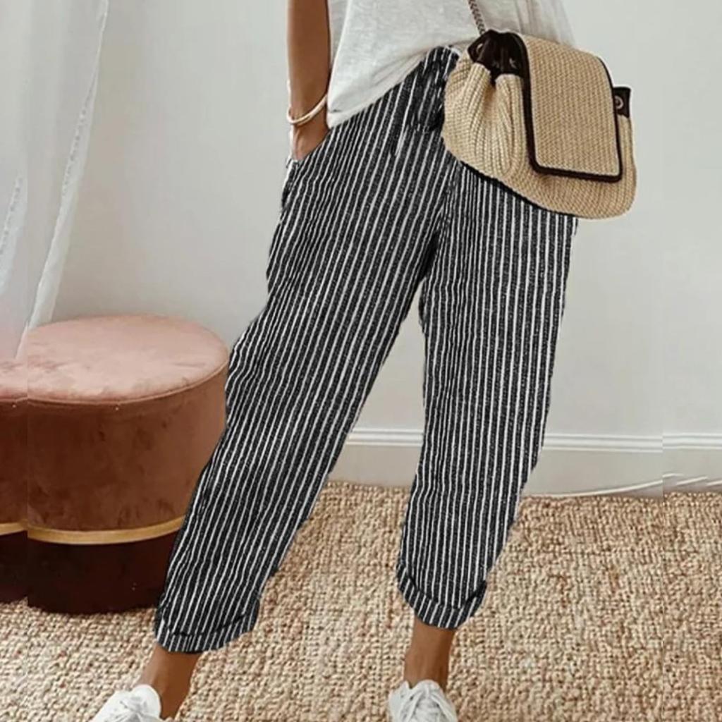 Ladies' Drawstring Striped Elastic Waistband Tied Casual Pants With Pockets