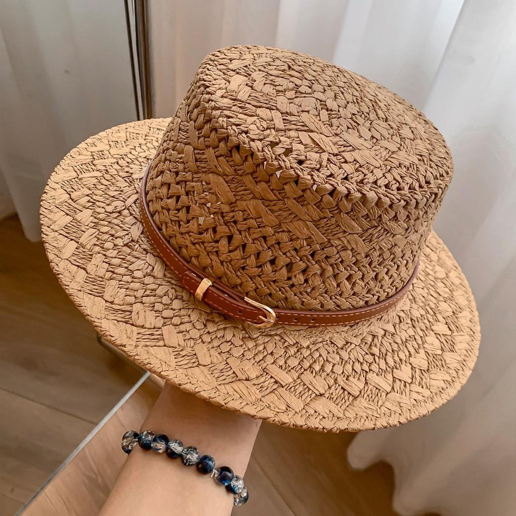 British style retro flat top straw hat women's summer hollow sunshade sunscreen hat seaside vacation style straw sun hat