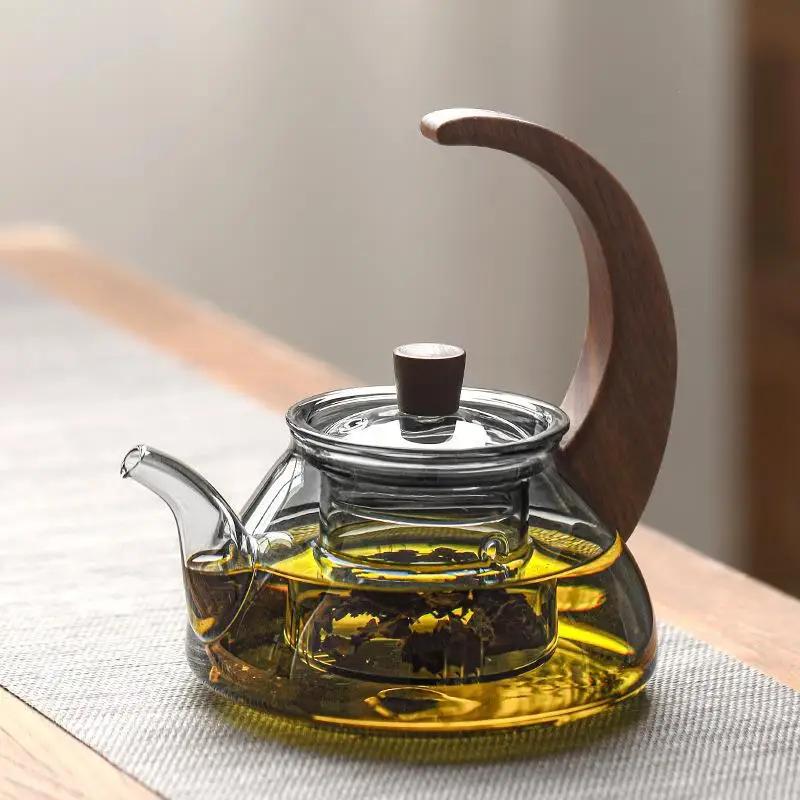 

Розкішний чайник з горіхового дерева з бічною ручкою з високоборосилікатного скла, чайник зі скла димчасто-сірого кольору в японському стилі, з чайним ситечком