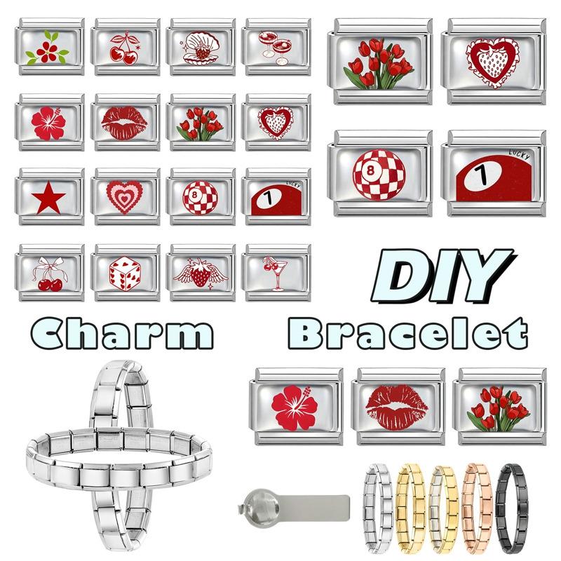 1 Piece 304 Stainless Steel Fashion Red Italian Charm Links For DIY Bracelet Jewelry Making Fit 9mm Rectangle 10mm x 9mm