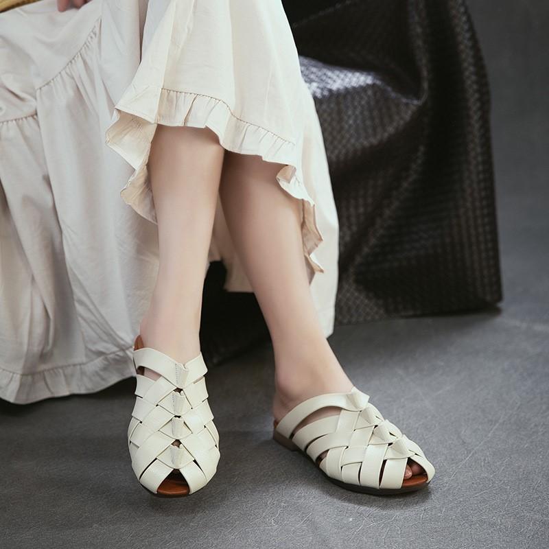 Johnature Genuine Leather Woven Breathable Peep Toe Flat Slippers Casual And Versatile Women's Slip-on Shoes