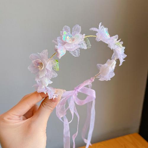 Children's Crown Flower Lace Headwear Cute Princess Garland Pearl Ribbon Hair Clasp Wedding Flower Girls Hair Accessories