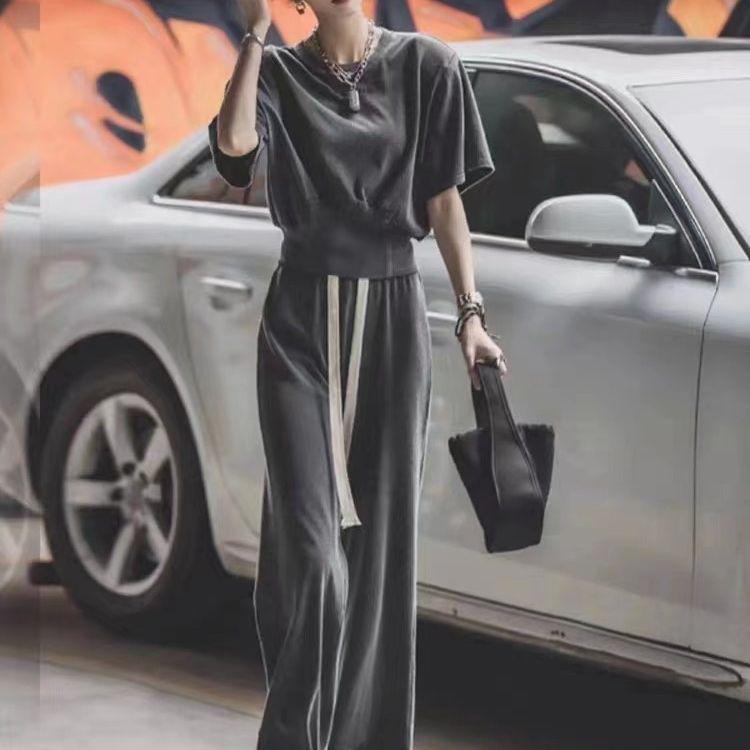 

Women s Salt-Style Cotton Sportswear Set: Summer Loose Fit, Korean Fashion, Short Sleeve, Long Pants, Casual Two-Piece for Running. XL