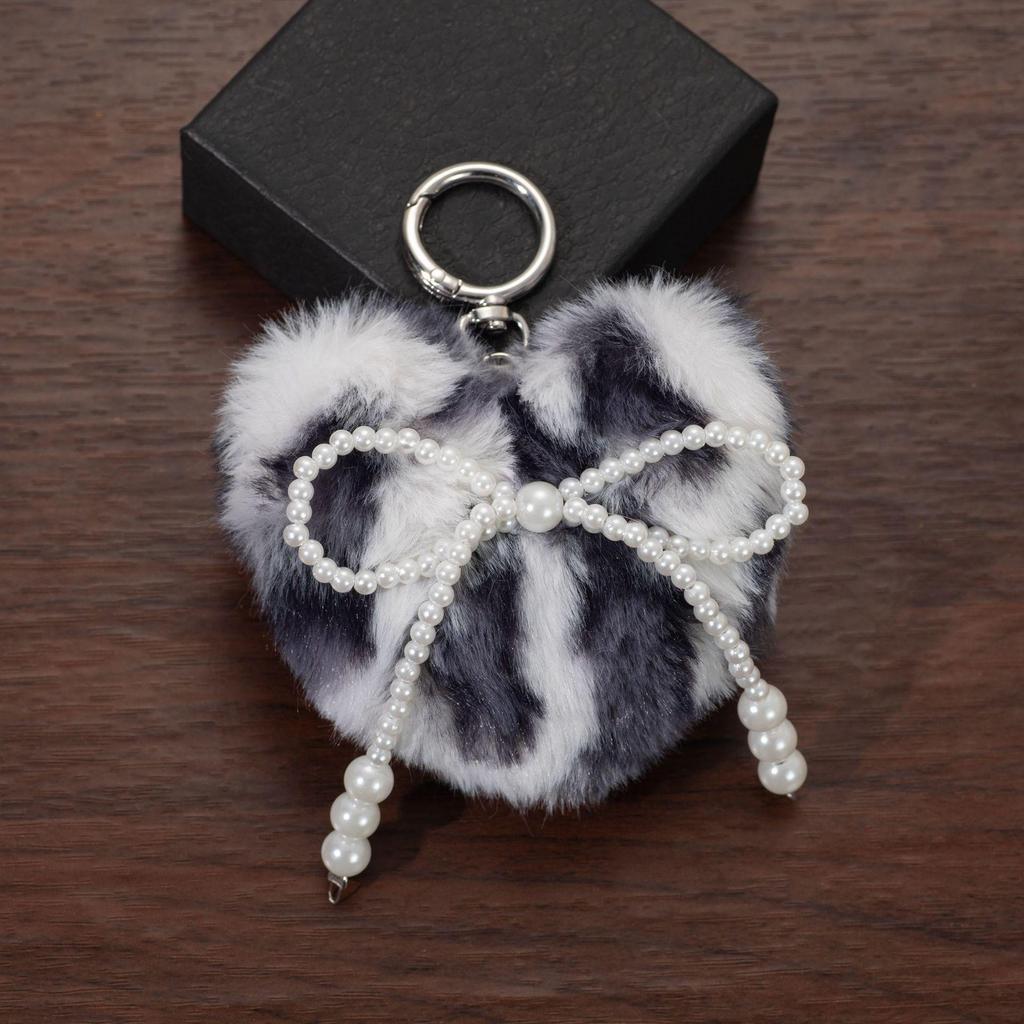Leopard Print Faux Pearl Bow Keychain Backpack Charm