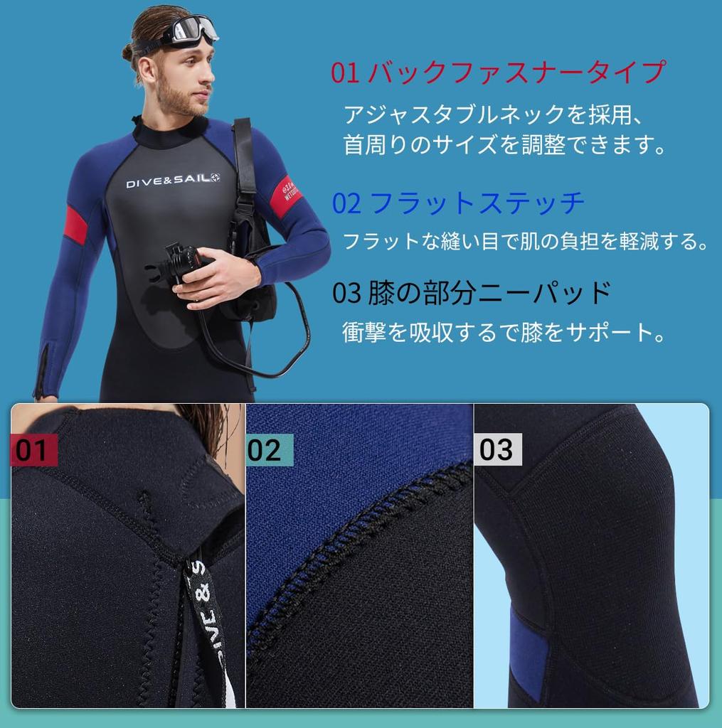 Men's 3mm Wetsuit, Full Body Wetsuit with Back Zip, Neoprene Arm and Leg Zippers, for Surfing, Diving, Snorkeling, SUP, and Skin Diving