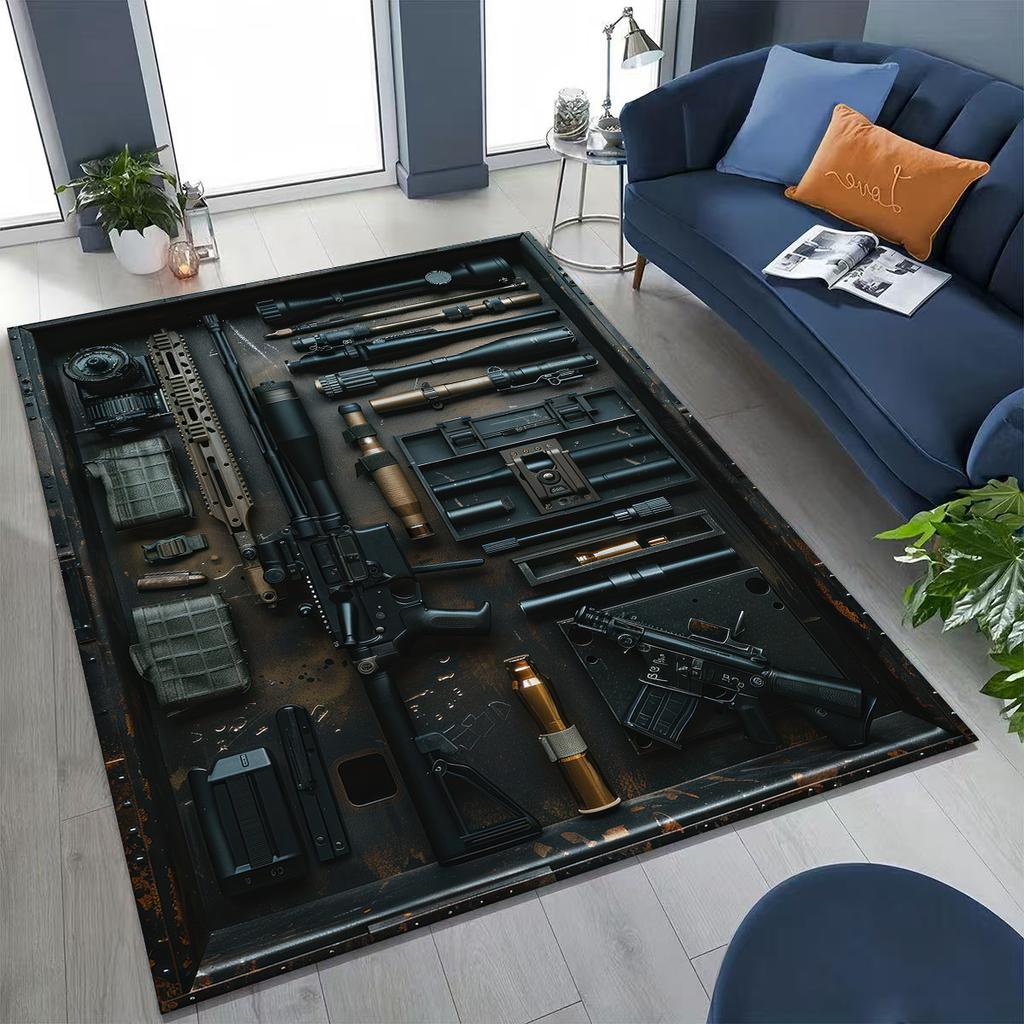 Holz Metall Waffenkoffer Boxx Militärausrüstung Moto Teppich für Schlafzimmer Wohnzimmer Sofa Zuhause Fußmatte Dekor, Kinder Spiel Rutschfeste Bodenmatte