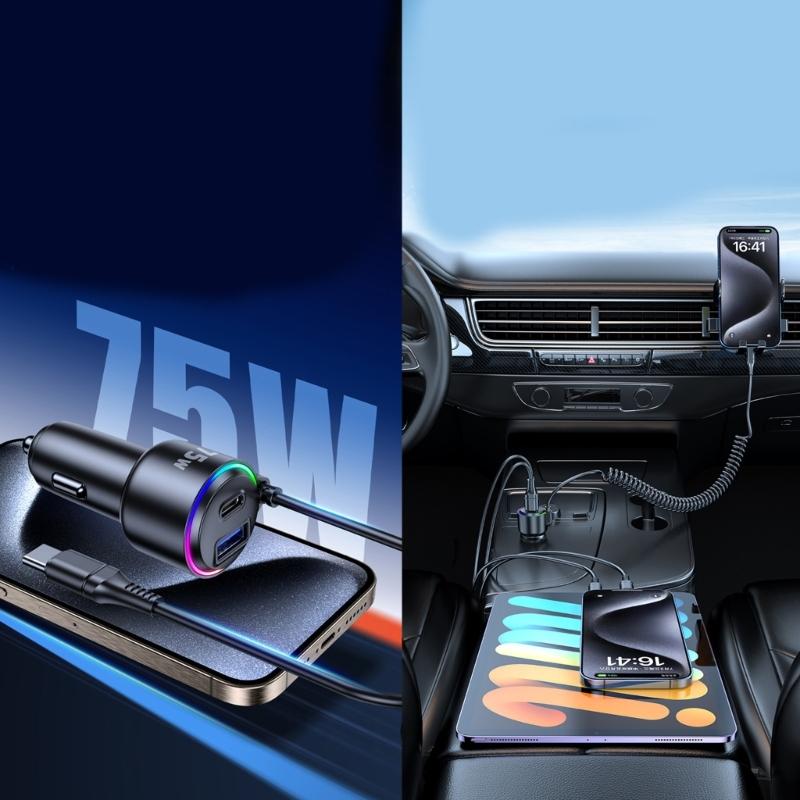 Universal 75W Car Fast Charging with build  In Spring Cable Three  Port  Mobile Phone Charger for Efficient Power Delivery