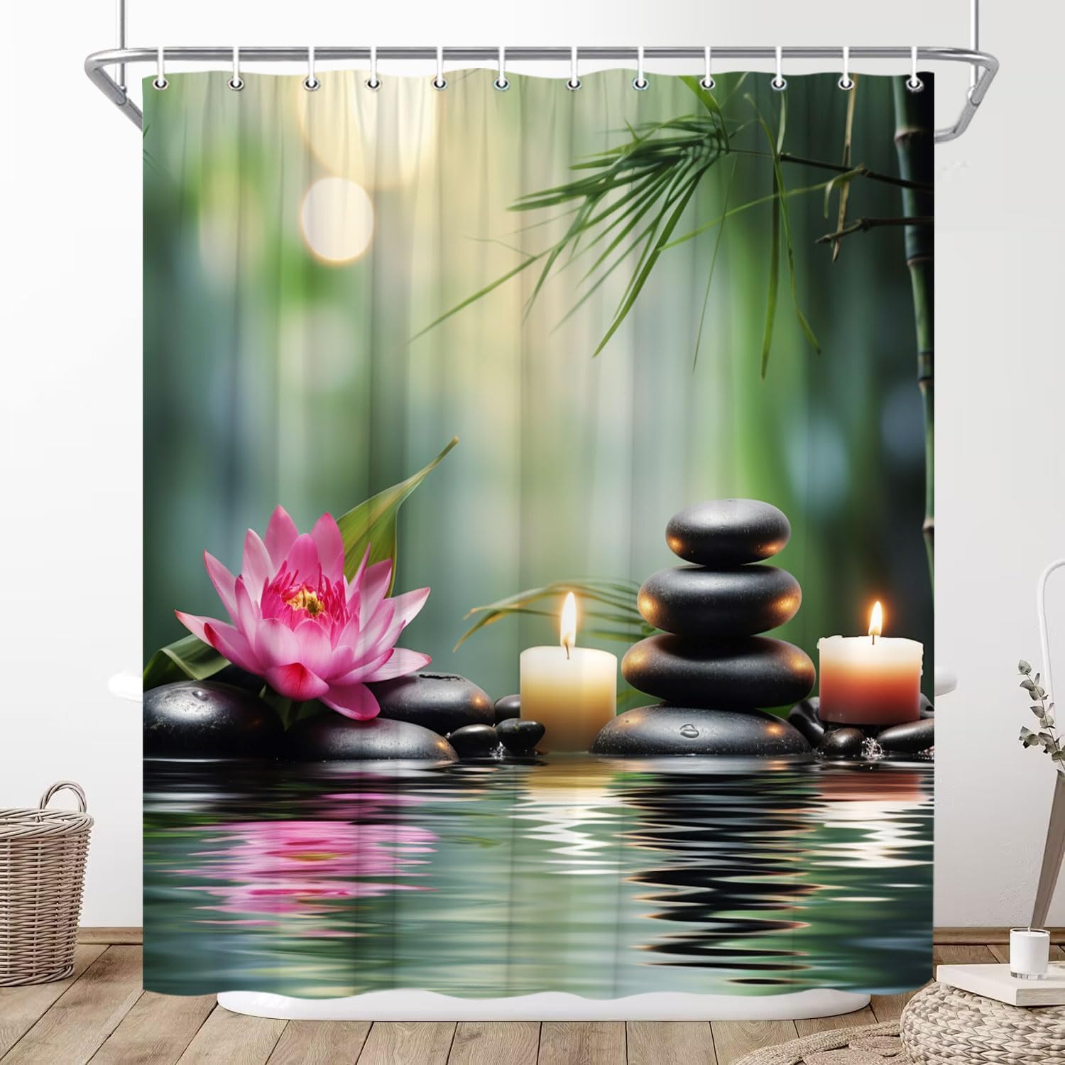 

Zen Stone Spa Shower Curtain Lotus Massage Stone Triplets Herbal Oil And Scent Candles Green Bamboo Water Reflection Relaxing W60H190(CM)-1 Pcs