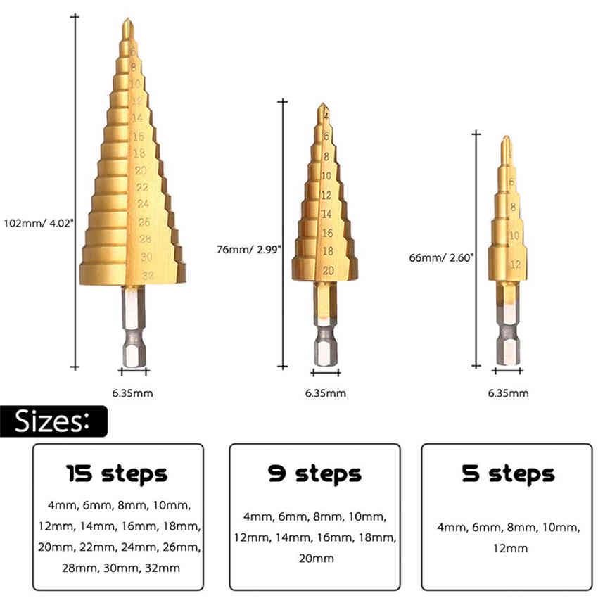 3-12/4-12/4-20mm HSS Titanium Coated Step Drill Bit Drilling Power Tools For Holz Metal High Speed Steel Loch Wood Hole Cutter