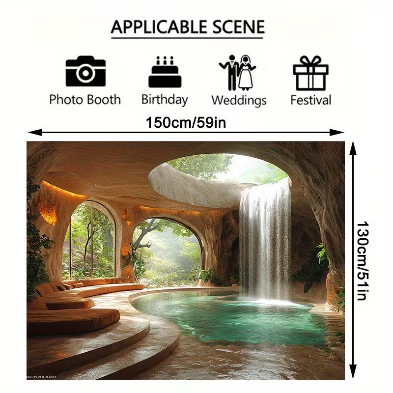 2D Spa Cave Waterfall Wall Tapestry Tropical Nature Background Cloth for Home