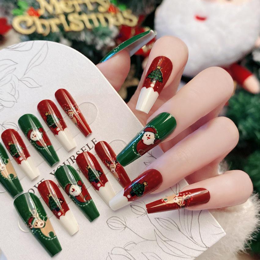 Girls 24pcs Christmas Wearable Press On Nail Patch Santa Claus Elk Snowman Cartoon Print Fake Nails Women Artificial Wear Nails