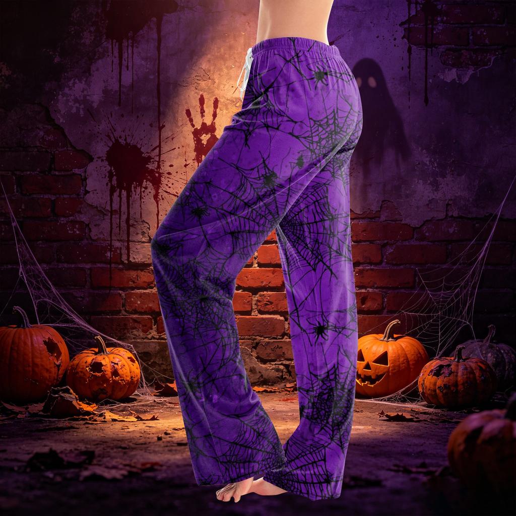 Women Drawstring Waist Halloween Print Long Pants Relaxed Fit Casual Trousers for Seasonal Festive Wear