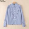 VONDA Womens Casual Stand Neck Ruffled Hem Striped Print Loose Long Sleeve Blouse