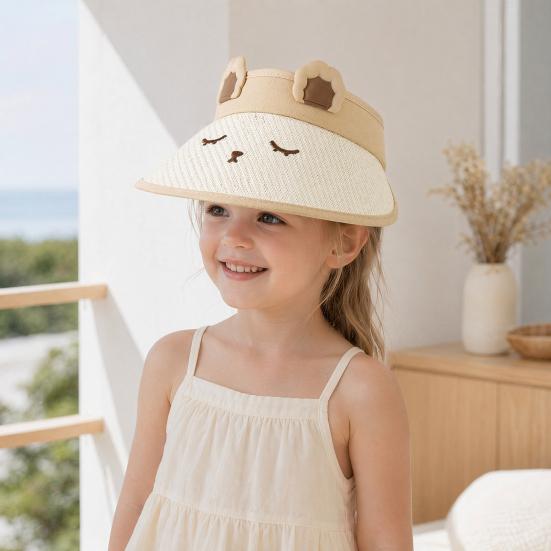 Children Sun Hat, Adjustable Elastic Headband Summer Hat, Breathable Hollow-Top Design Kids Hat, Foldable Bunny Ears Cartoon Print Outdoor Hat