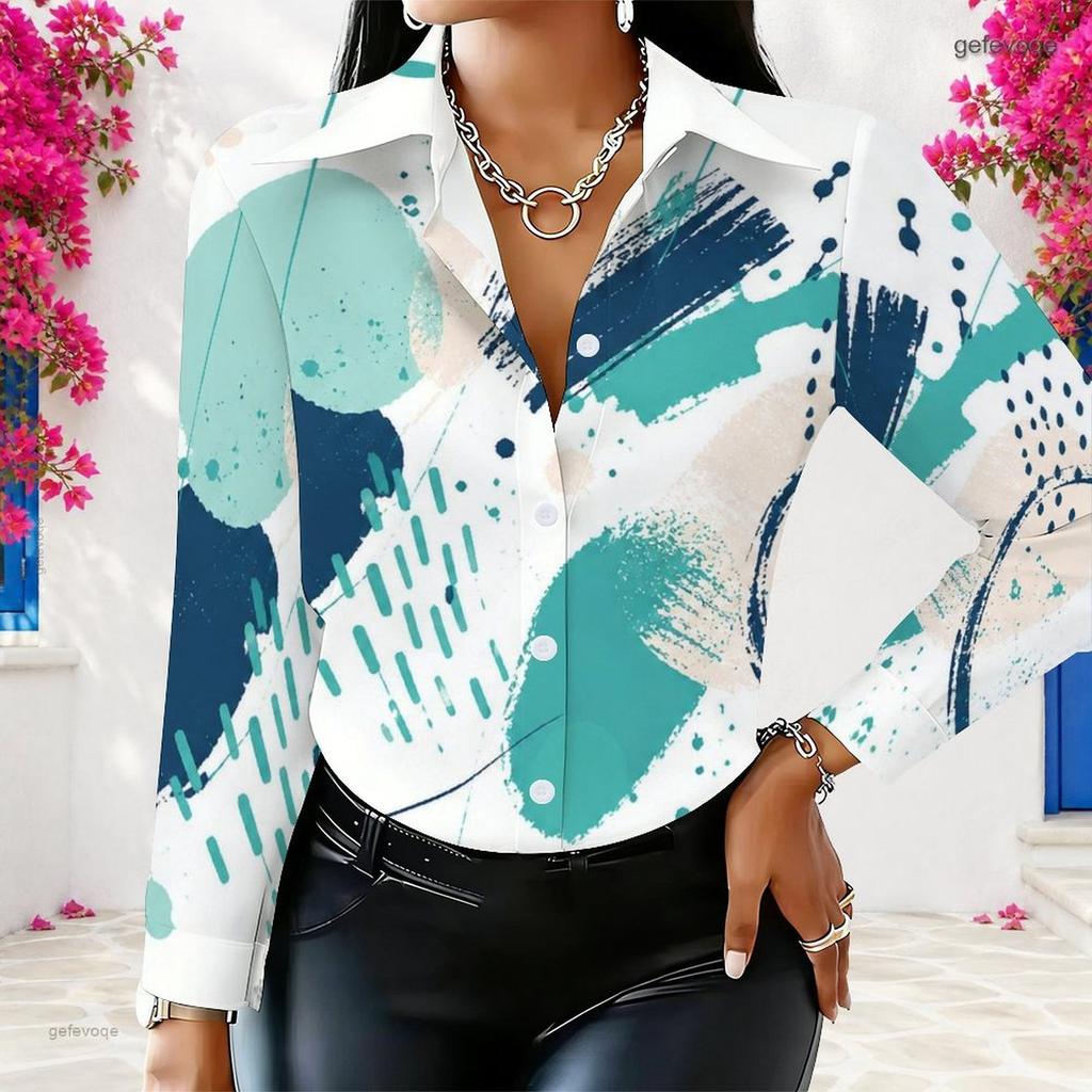 Women Plus Size Long Sleeve Collared Button Front Abstract Geometric Leaf Print Earth Tone Shirt