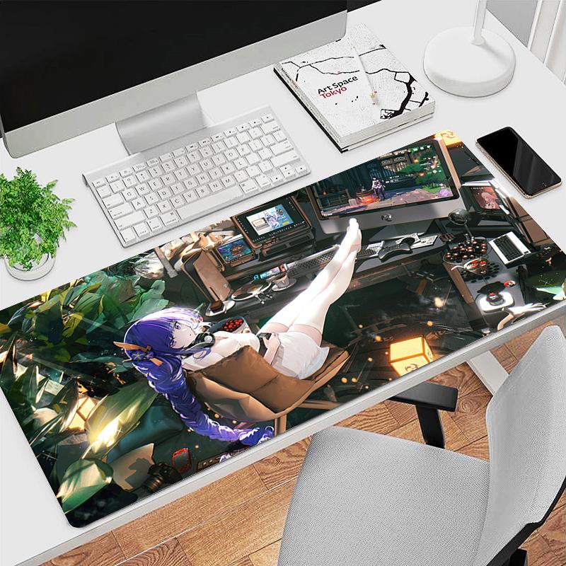 Gaming Mouse Pad Antislip Stitched Edges Purple Anime Girl Artwork Print Keyboard Pad for Gamer Home Office Desk Mat