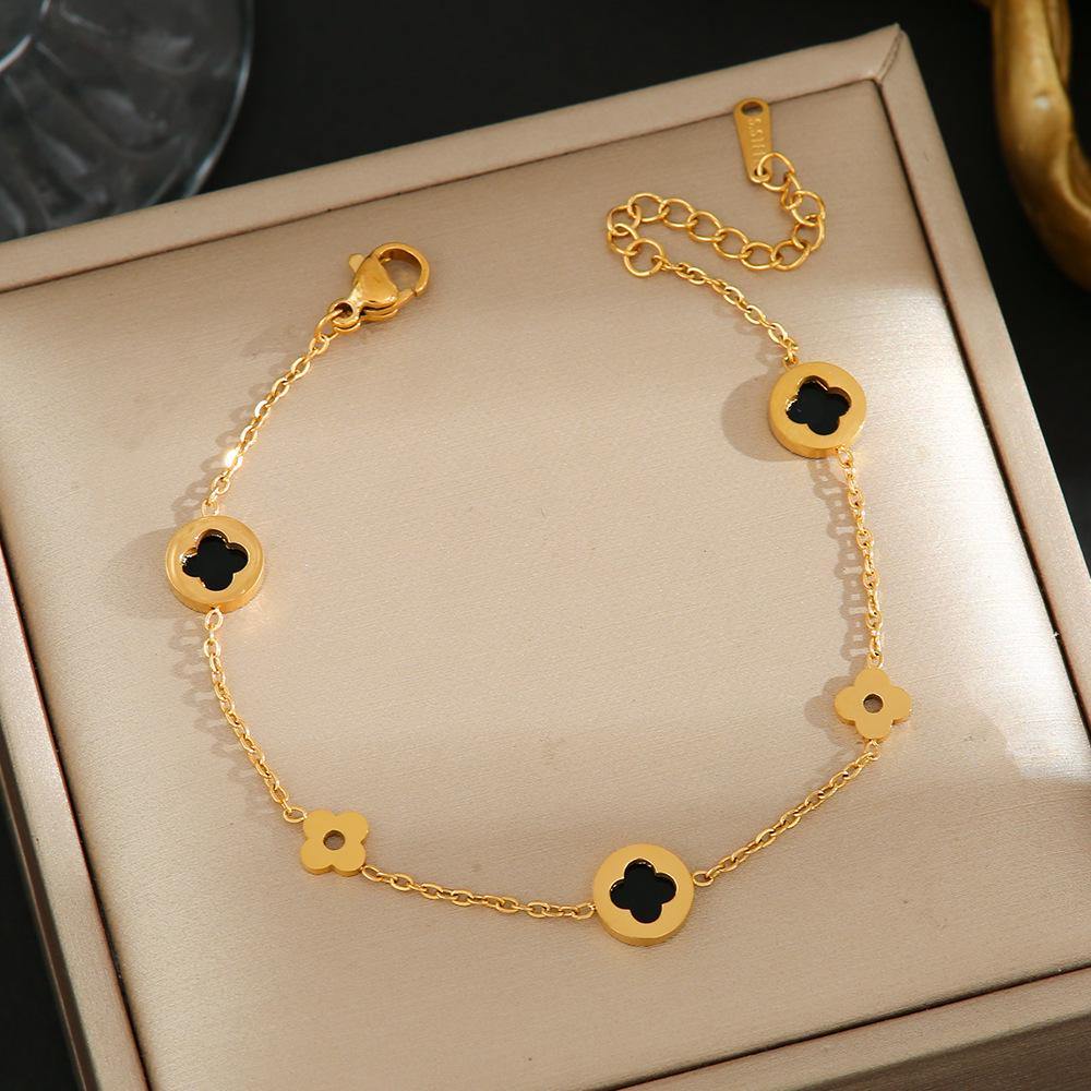 Luxe Titanium Staal Vierbladig Klaver Armband in Koreaanse Stijl met Ingelegde Diamanten voor Vrouwen - Kleurvast
