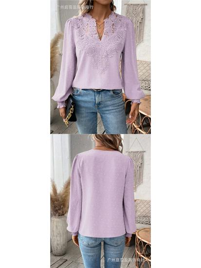 Autumn/Winter V-Neck Lace Long Sleeve Casual Solid Color Women's Top