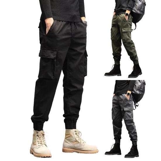 Men Cargo Pants Drawstring Waist Jogger Pants Military Style Outdoor Trousers