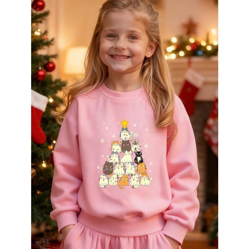 European sizes Kids' Round Neck Sweatshirt, Christmas Cat and Christmas Tree Themed Sweatshirt, Fashionable and Cute Top with Stylish Print